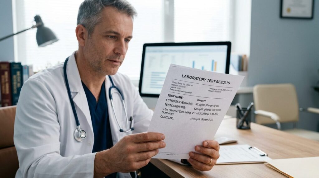 Close-up of blood test results on a digital screen or printe