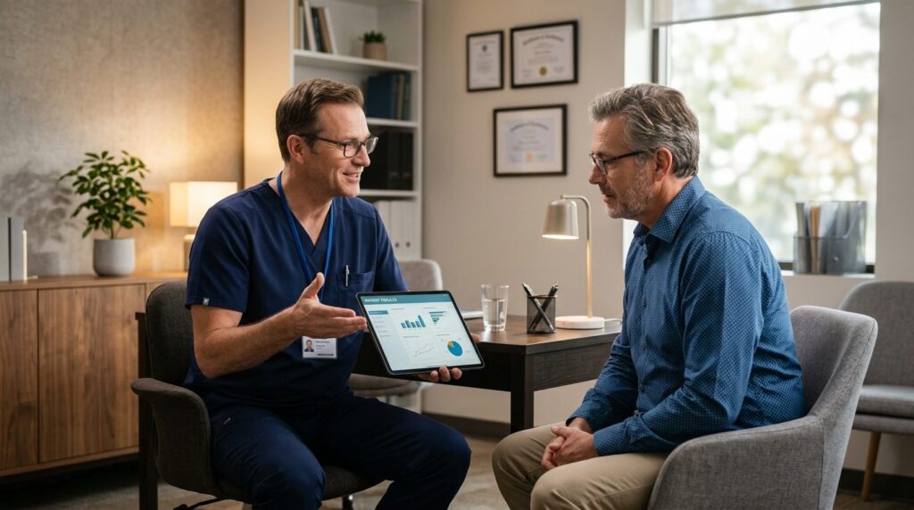 Middle-aged male patient in a consultation room speaking wit